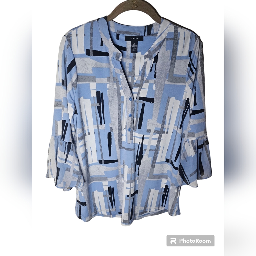Alfani women's blue,gray,white,black v-neck bell sleeves button front top size S